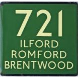London Transport coach stop enamel E-PLATE for Green Line route 721 destinated Ilford, Romford,
