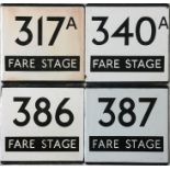 Selection (4) of London Transport bus stop enamel E-PLATES, all marked 'Fare Stage' and for routes