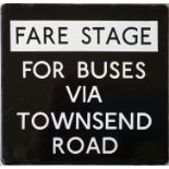 [Updated description] London Transport bus stop enamel E-PLATE 'Fare Stage, for Buses via Townsend