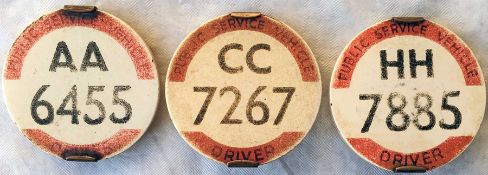 Selection (3) of 1930s bus drivers' PSV BADGES of the early type made of Traffolyte and with the