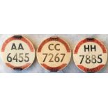 Selection (3) of 1930s bus drivers' PSV BADGES of the early type made of Traffolyte and with the