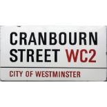 1960s/70s City of Westminster enamel STREET SIGN from Cranbourn Street, WC2, a small thoroughfare in