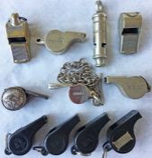 Quantity (11) of rail (mainly) & bus WHISTLES, mainly 'Acme Thunderer', including examples from LMS,