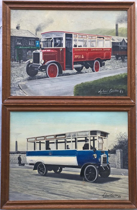 Pair of original OIL PAINTINGS of 1920s buses by Michael Cowtan. Both are oil on canvas, painted