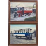 Pair of original OIL PAINTINGS of 1920s buses by Michael Cowtan. Both are oil on canvas, painted