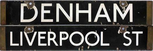 London Underground Standard Tube Stock enamel CAB DESTINATION PLATE for Denham / Liverpool St on the