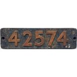 British Railways SMOKEBOX NUMBERPLATE from ex-LMS Stanier 4P 2-6-4T 42574, built at North British,