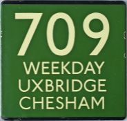 London Transport coach stop enamel E-PLATE for Green Line route 709 destinated Weekday, Uxbridge,