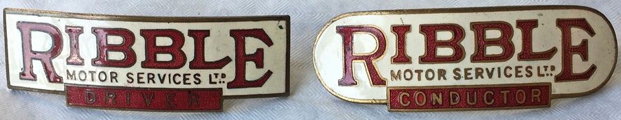 Pair of Ribble Motor Services Ltd enamel-on-brass CAP BADGES, one for a driver, one for a conductor.