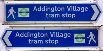 Double-sided HIGHWAY SIGN 'Addington Village Tram Stop' featuring the TfL tram roundel with green