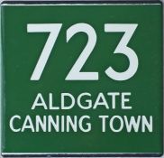 London Transport coach stop enamel E-PLATE for Green Line route 723 destinated Aldgate, Canning