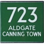 London Transport coach stop enamel E-PLATE for Green Line route 723 destinated Aldgate, Canning
