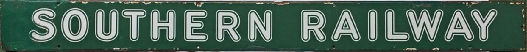 Southern Railway enamel POSTER BOARD HEADER PLATE in the rounded-style 'sunshine' lettering.