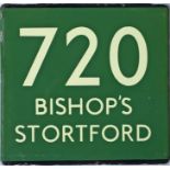 London Transport coach stop enamel E-PLATE for Green Line route 720 destinated Bishop's Stortford,