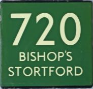 London Transport coach stop enamel E-PLATE for Green Line route 720 destinated Bishop's Stortford,