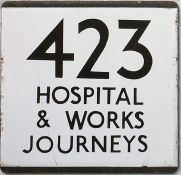 London Transport bus stop enamel E-PLATE for route 423 'Hospital & Works Journeys'. Probably one