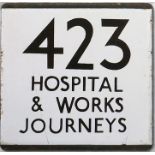 London Transport bus stop enamel E-PLATE for route 423 'Hospital & Works Journeys'. Probably one