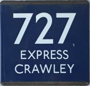 London Transport coach stop enamel E-PLATE for Green Line route 727 lettered Express, Crawley and