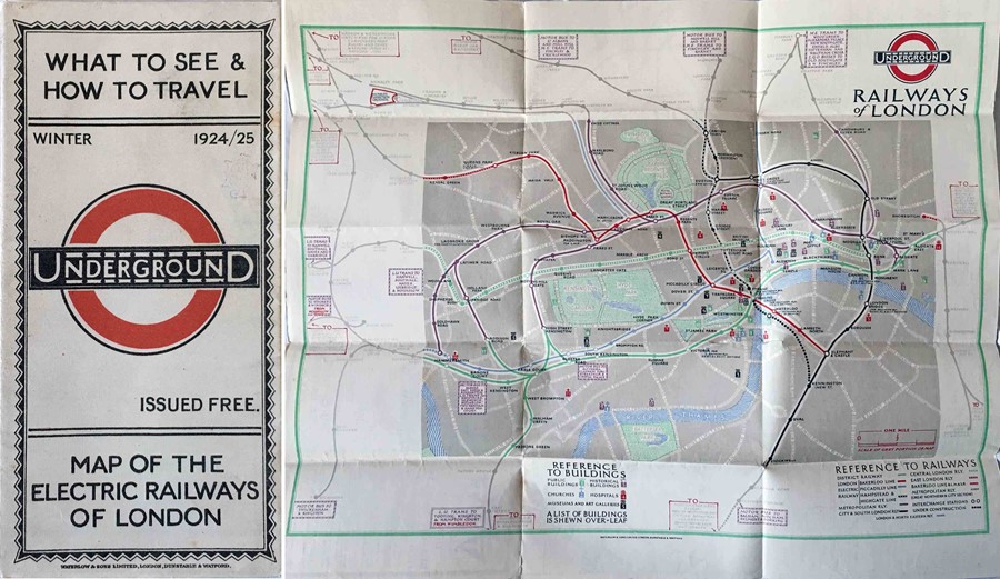 1924/5 London Underground POCKET MAP of the Electric Railways of London "What to see and how to