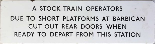 London Underground ENAMEL SIGN from Farringdon Station regarding short platforms at the next stop (