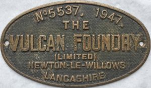 1947 Vulcan Foundry brass LOCOMOTIVE WORKSPLATE (maker's plate) no 5537 which was fitted to LNER