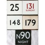 Quantity (5) of London Transport bus stop enamel E-PLATES comprising 25, 131 Sunday (in red), 148,