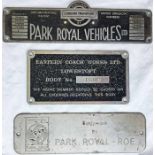 London Transport Routemaster alloy BODYBUILDER'S PLATE 'Park Royal Vehicles Ltd' plus two other