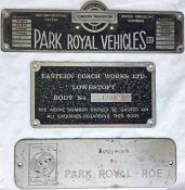 London Transport Routemaster alloy BODYBUILDER'S PLATE 'Park Royal Vehicles Ltd' plus two other