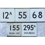 Selection (5) of London Transport bus stop enamel E-PLATES for routes 12A, 55, 68, 155 Mon-Sat,