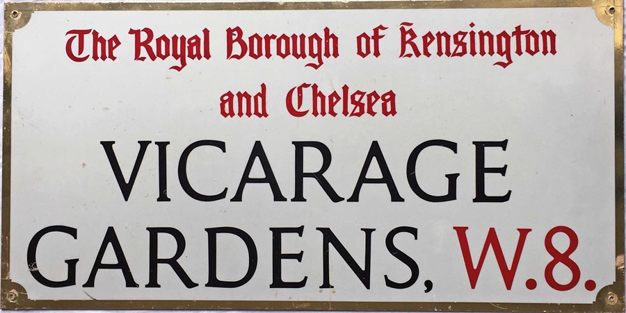 Royal Borough of Kensington & Chelsea STREET SIGN from Vicarage Gardens, W8, a small thoroughfare