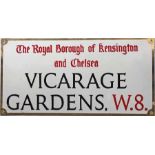 Royal Borough of Kensington & Chelsea STREET SIGN from Vicarage Gardens, W8, a small thoroughfare