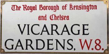 Royal Borough of Kensington & Chelsea STREET SIGN from Vicarage Gardens, W8, a small thoroughfare