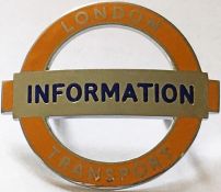 London Underground Traffic Guide's enamel & chrome CAP BADGE inscribed 'Information' and issued in