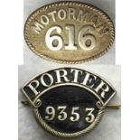 Pair of early railway CAP BADGES comprising 'Motorman 616', thought to be London Electric