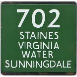 London Transport coach stop enamel E-PLATE for Green Line route 702 destinated Staines, Virginia