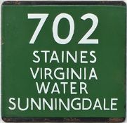 London Transport coach stop enamel E-PLATE for Green Line route 702 destinated Staines, Virginia