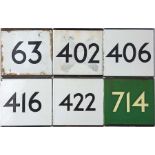 Selection (6) of London Transport bus/coach stop enamel E-PLATES for routes 63, 402, 406, 416, 422