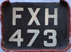 London Transport TROLLEYBUS REGISTRATION PLATE (rear) FXH 473 from L3-class 1473. One of the last