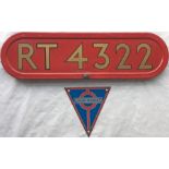 London Transport RT bus BONNET FLEETNUMBER PLATE from RT 4322. The original bus to carry this number