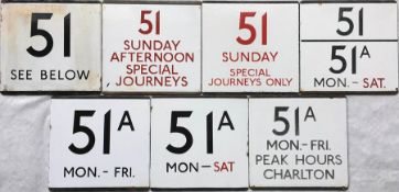 Selection (7) of London Transport bus stop enamel E-PLATES for routes 51 & 51A in the Sidcup area