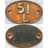 British Railways (North Eastern Region) locomotive SHEDPLATE '51L' used by Thornaby 1958-73. In ex-