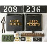 Pair of London Transport RT/RF etc bus USED TICKET BOXES plus 2 x TD/RF-type ROUTE STENCIL PLATES