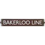 London Underground Standard Tube Stock enamel CAB DESTINATION PLATE 'Bakerloo Line' on a brown