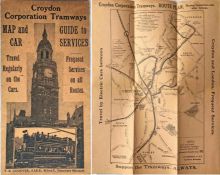 Croydon Corporation Tramways MAP & GUIDE TO CAR SERVICES dated February 1924. Printed on light-brown