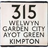 London Transport bus stop enamel E-PLATE for route 315 destinated Welwyn Garden City, Ayot Green,