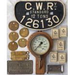 Selection of railway items comprising a mounted PRESSURE GAUGE (200lb max, possibly ex-loco), 8 x