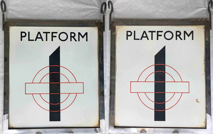 London Underground ENAMEL SIGN 'PLATFORM 1', a double-sided hanging sign featuring the traditional