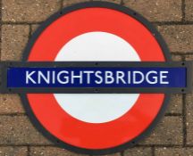 London Underground enamel PLATFORM ROUNDEL from Knightsbridge Station on the Piccadilly Line. This