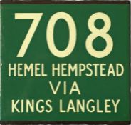 London Transport coach stop enamel E-PLATE for Green Line route 708 destinated Hemel Hempstead via