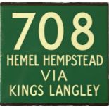 London Transport coach stop enamel E-PLATE for Green Line route 708 destinated Hemel Hempstead via